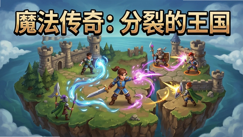 魔法传奇:分裂的王国游戏场景,展示主角在分裂的王国大陆使用魔法战斗,游戏标题“魔法传奇:分裂的王国”醒目呈现,包含冒险元素与魔法特效。