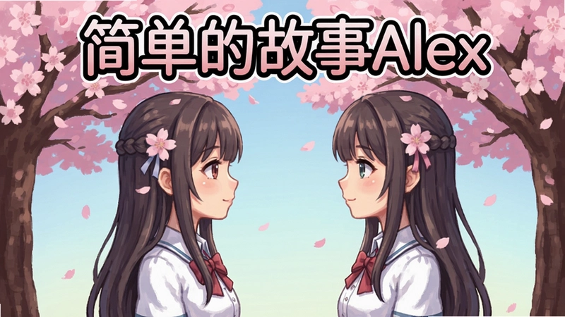 生成一张展示“简单的故事Alex电脑版”游戏主界面,画面包含两位少女在樱花树下对视,顶部带有艺术字“简单的故事Alex”