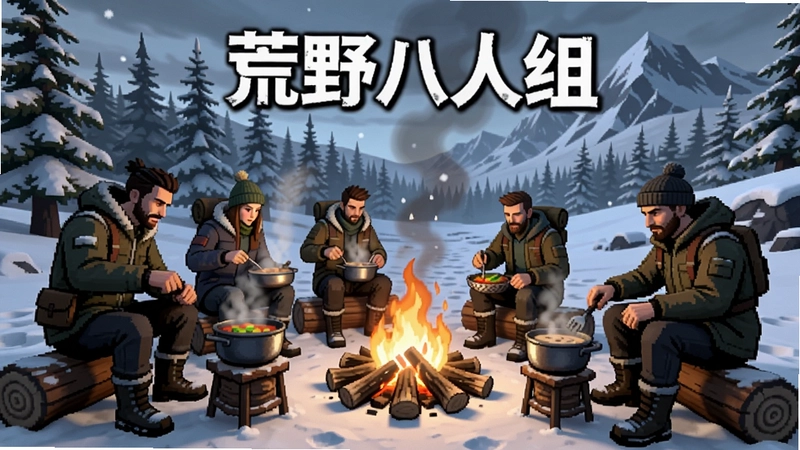 荒野八人组多人雪地生存,角色围在篝火旁烹饪食物,背景是树木和雪山,游戏画面文字“荒野八人组”