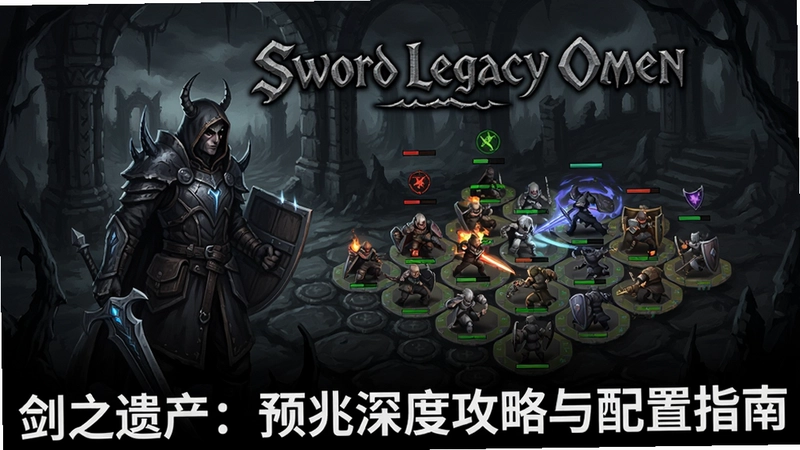 生成一张包含“Sword Legacy Omen”游戏主视觉图,展示黑暗幻想风格的角色与回合制战棋战斗场景,文字“剑之遗产:预兆深度攻略与配置指南”