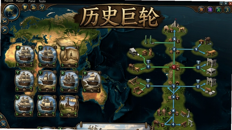 历史巨轮电脑版高清游戏主界面截图,卡牌与文明发展树一览无余,标注“历史巨轮”艺术字样