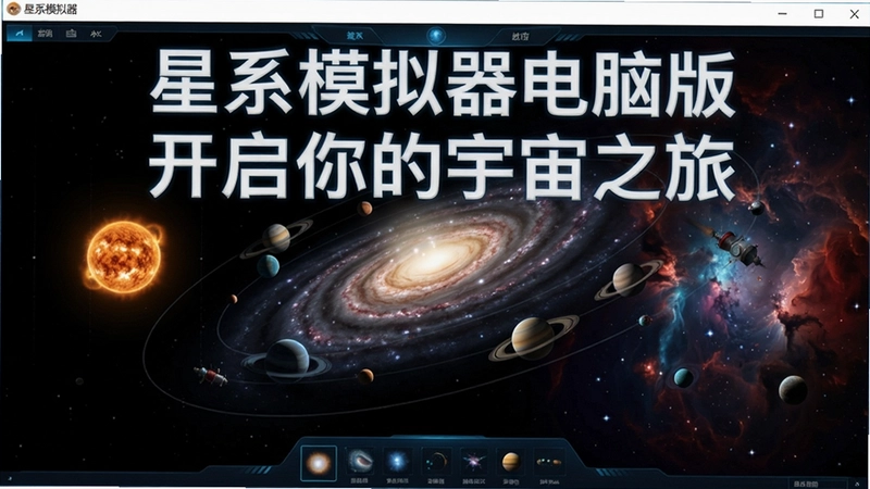 星系模拟器电脑版宇宙创造界面,展示恒星、行星和星云,文字“星系模拟器电脑版开启你的宇宙之旅”