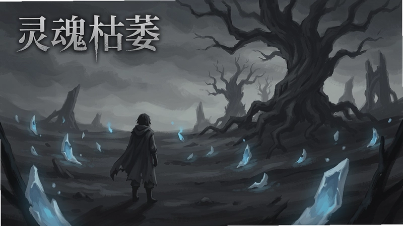 一幅描绘“灵魂枯萎”游戏场景的插画,画面中一名孤独的旅人站在飘散着幽蓝灵魂碎片的荒原上,远处是扭曲的黑色巨树,色调灰暗,充满哲学与忧伤气息,图片上印有游戏标题“灵魂枯萎”