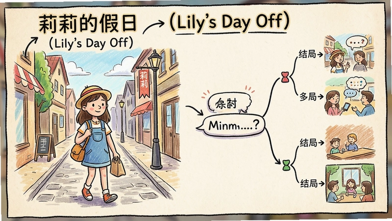 “莉莉的假日(Lily's Day Off)”游戏全部核心内容概览图,包含主角莉莉街头漫步、对话选择、多结局分支与手绘风格画面