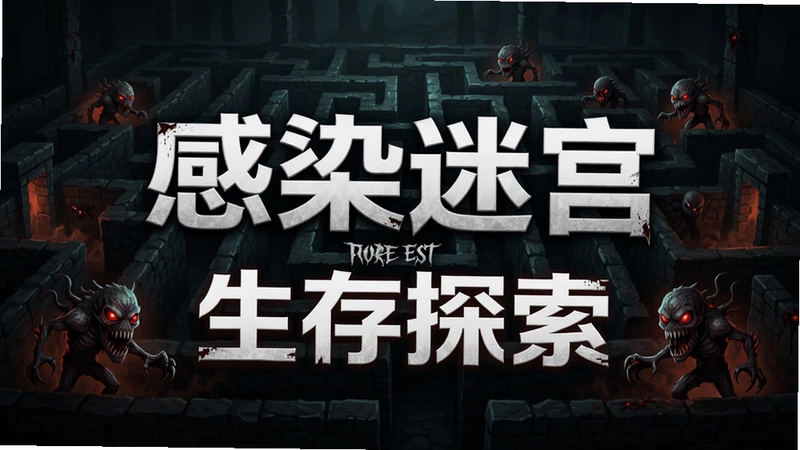 生成“感染迷宫”游戏全景宣传图,展现迷宫阴暗环境和感染怪物,标注“生存探索”主题