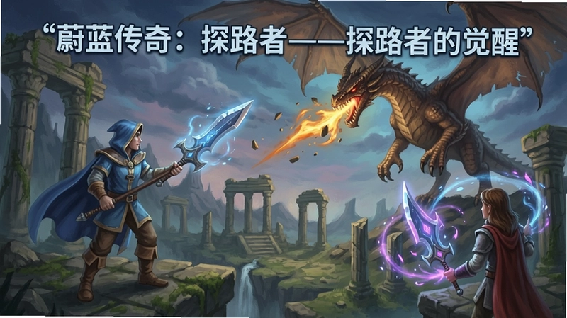 蔚蓝传奇:探路者全景奇幻世界,包含角色、巨龙战斗、遗迹探索与魔法特效,书名号”蔚蓝传奇:探路者——探路者的觉醒“