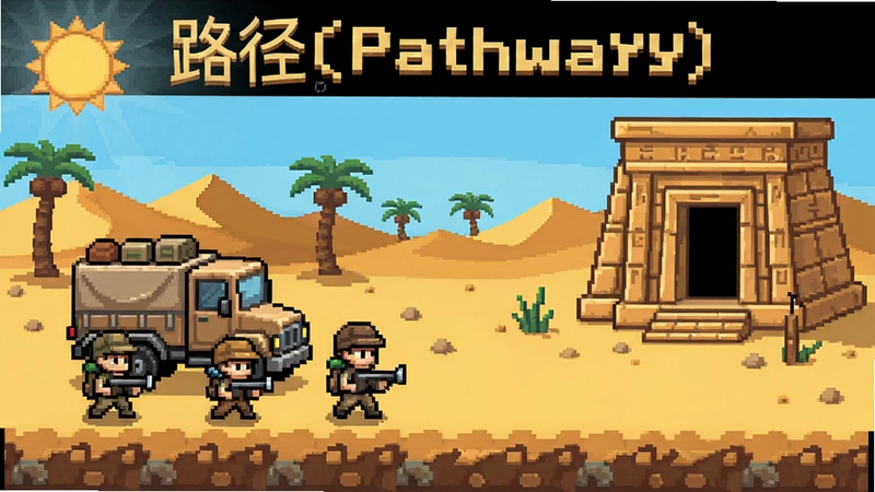 像素风回合制策略冒险游戏“路径(Pathway)”主视觉,包含探险队员、沙漠卡车和古墓入口场景