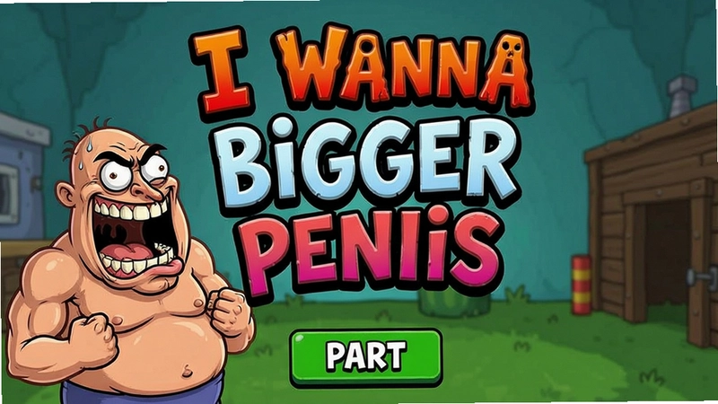 展示游戏“I wanna bigger penis”主菜单界面的图片,包含夸张角色、荒诞标题和开始按钮