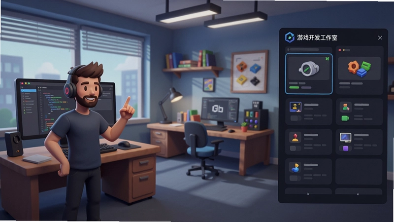 游戏开发工作室(Game Dev Studio)主界面,展示人物、办公室与项目面板,“游戏开发工作室”Logo