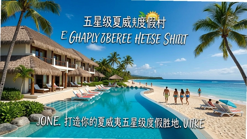展示“五星级夏威夷度假村”的主界面,包含海滩酒店与游客,突出“打造你的夏威夷五星级度假胜地”