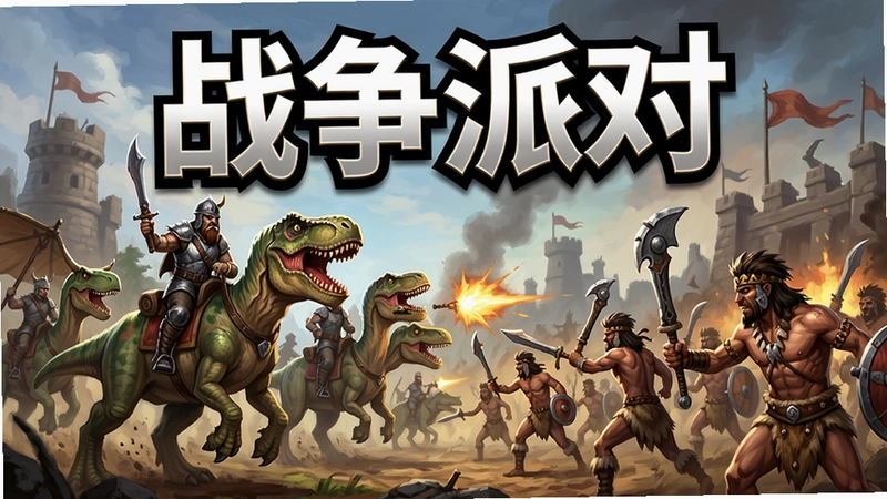 战争派对(Warparty)高清游戏封面与战斗场景,包含恐龙骑兵与原始战士,文字“战争派对”