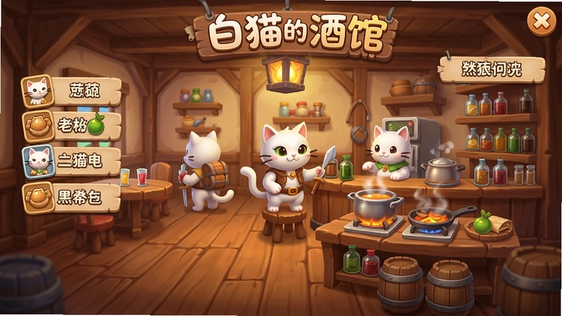白猫的酒馆游戏主界面,展示酒馆内景、角色与烹饪台,卡通渲染,中文菜单,“白猫的酒馆”字样