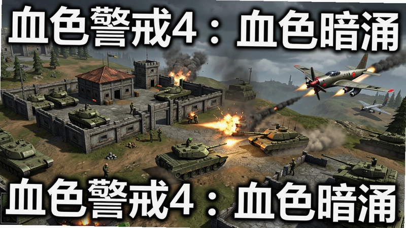 游戏“血色警戒4:血色暗涌”电脑版高清截图,包含基地建设、坦克大战、飞机轰炸等游戏场景,展现即时战略魅力,标题文字“血色警戒4:血色暗涌”清晰可见