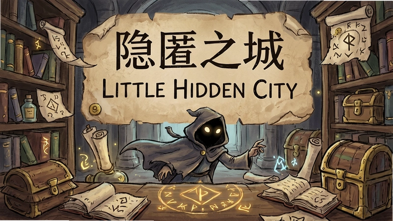 隐匿之城(Little hidden city)寻物解谜冒险游戏主视觉海报,场景包含古老图书馆、神秘符号与隐藏物品,氛围手绘风格