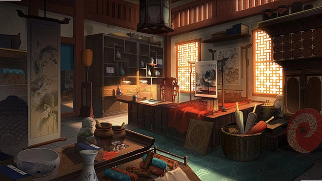 隐匿之城(Little hidden city)古董店场景,玻璃柜里摆满奇异古物,光影细腻