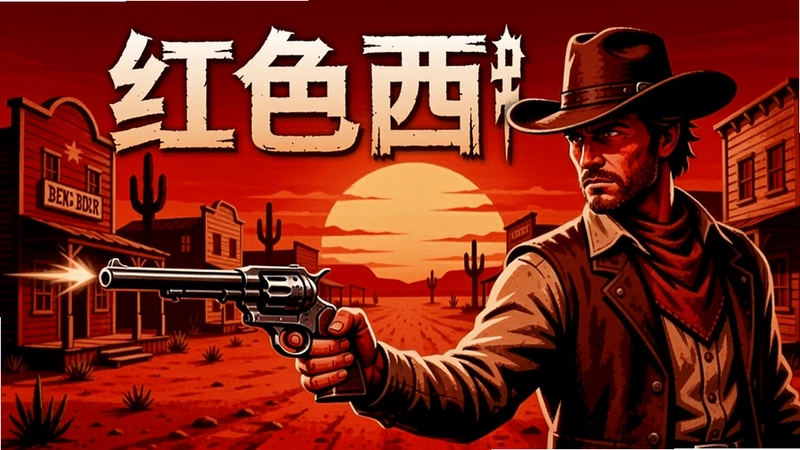 红色西部游戏主视觉,牛仔持左轮枪对峙,背景是荒漠小镇与落日,“红色西部”艺术字样