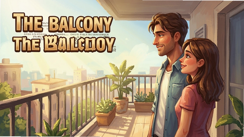 阳台(The Balcony)电脑版游戏主视觉图,阳光洒满的阳台场景,男女主角相视微笑
