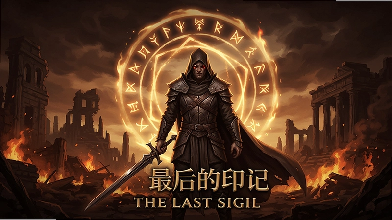 “最后的印记(The Last Sigil)”主角持剑立于燃烧的废墟前,身后浮现印记光环,史诗级游戏海报