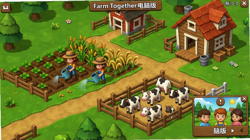 “Farm Together电脑版”模拟经营游戏画面,包含角色种田、浇水、收割作物、动物养殖、房屋装饰与多人联机场景,全方位展现农场玩法