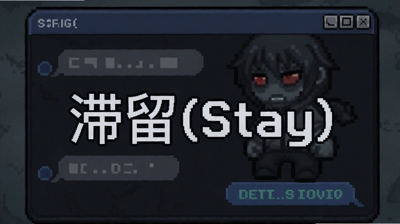 滞留(Stay)主视觉画面,像素角色在暗色聊天窗口前,笼罩压抑气氛,画面中包含“滞留(Stay)”文字