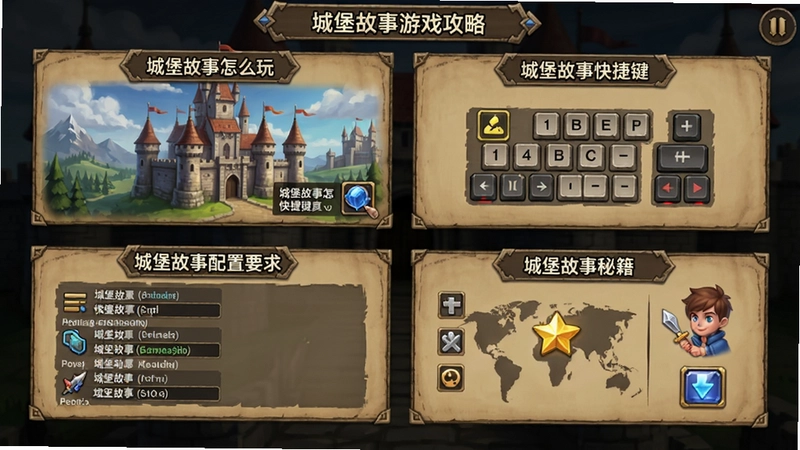 城堡故事游戏攻略界面,包含“城堡故事怎么玩”、“城堡故事快捷键”、“城堡故事配置要求”、“城堡故事秘籍”等模块的图文排版设计