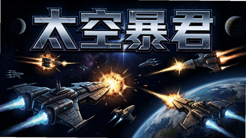 太空暴君电脑版游戏主视觉图,星舰对轰场景,画面包含“太空暴君”艺术字体标题