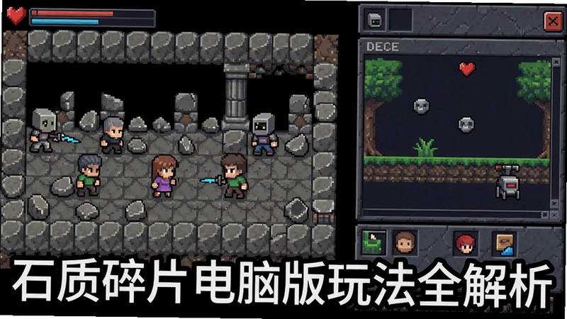 石质碎片游戏战斗场景、像素风探索与生存管理界面,文字:“石质碎片电脑版玩法全解析”