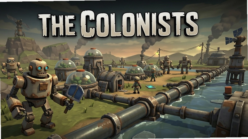 殖民者(The Colonists) 游戏主视觉图与玩法概览,包含机器人、殖民地、管道运输等元素,“The Colonists”英文标题