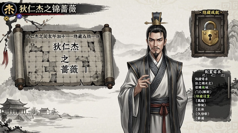 狄仁杰之锦蔷薇游戏截图,包含解谜场景、水墨画风、狄仁杰角色,展示玩法、剧情、隐藏成就、门锁解谜、快捷键设置和配置需求等内容