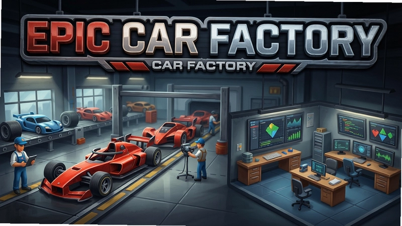 ʷʫ��������(Epic Car Factory)�ۺ�չʾ��Ϸ���������������ˮ�ߺ͹����칫�ҵĻ��棬�Ϸ��С�Epic Car Factory���޴�logo
