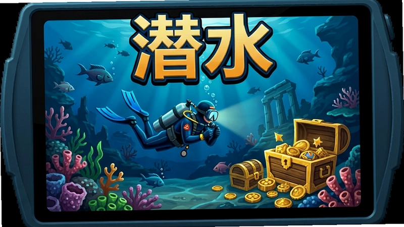 潜水电脑版游戏主界面,展现深海场景、潜水员和宝藏,标题‘潜水’字样突出
