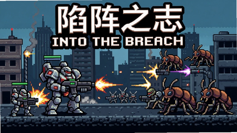 陷阵之志(Into the Breach)游戏画面,展示机甲与外星虫族在城市中激战的像素风格场景,包含“陷阵之志(Into the Breach)”标题