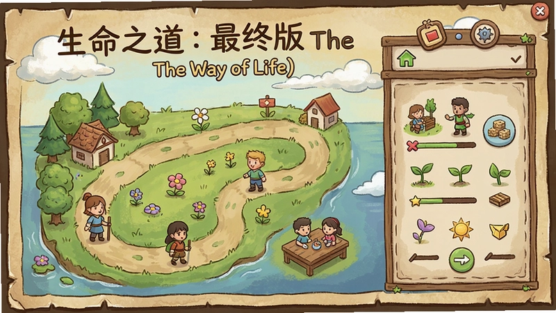 生成一张展示“生命之道:最终版(The Way of Life)”游戏主界面的图片,包含游戏标题文字“生命之道:最终版(The Way of Life)”,画面呈现温馨手绘风格的人生旅程地图与角色选择场景,突出模拟经营和生命模拟的核心玩法。