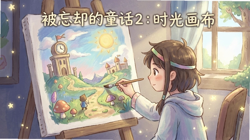 被忘却的童话2:时光画布手绘游戏画面,展示主角在画布前绘制时光场景,色彩柔和,充满梦幻童话氛围,文字注明“被忘却的童话2:时光画布”