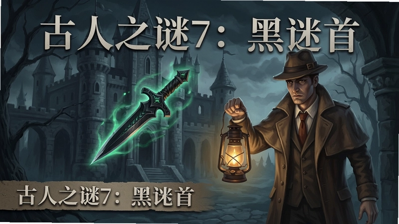 古人之谜7:黑匕首游戏主视觉,神秘古堡中悬浮的黑匕首散发幽光,侦探主角手持灯笼探索,画面标注“古人之谜7:黑匕首”
