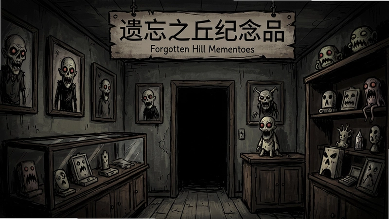 遗忘之丘纪念品(Forgotten Hill Mementoes)游戏场景,阴暗的纪念品商店,手绘恐怖风格,墙上的诡异画作与陈列柜中的怪诞物品,“遗忘之丘纪念品”标题
