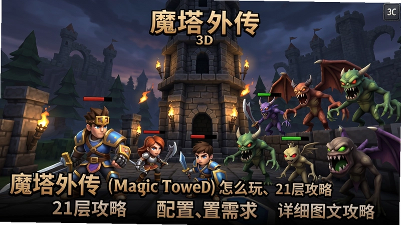 魔塔外传(Magic Tower 3D)游戏主界面、3D魔塔场景、角色勇士与多种怪物展示,涵盖“魔塔外传(Magic Tower 3D)怎么玩、21层攻略、配置需求、详细图文攻略”等核心内容