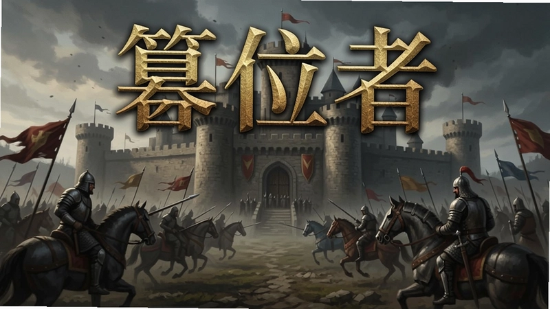 篡位者游戏主视觉图,中世纪城堡与军队对峙,包含“篡位者”烫金标题,展现史诗战争氛围