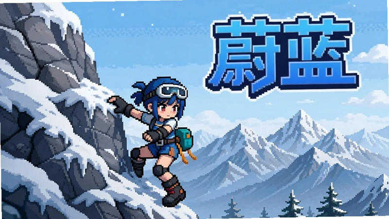 蔚蓝游戏主视觉图,像素风女孩攀爬雪山,画面带“蔚蓝”艺术标题