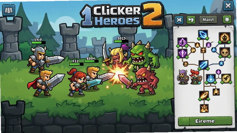 点击英雄2(Clicker Heroes 2)电脑版游戏主界面,展示英雄与怪物战斗场景,卡通风格,技能树面板,色彩鲜艳