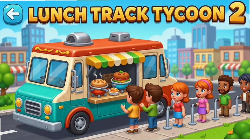 餐车大亨2(Lunch Truck Tycoon 2) 游戏主界面,展示可爱的餐车和城市风光,包含美食烹饪、顾客排队等元素,明亮色彩