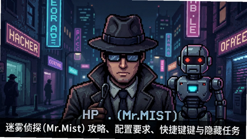 迷雾侦探(Mr.Mist)像素赛博朋克游戏主海报,展示侦探和机器人在霓虹街道,“迷雾侦探(Mr.Mist)攻略、配置要求、快捷键与隐藏任务”