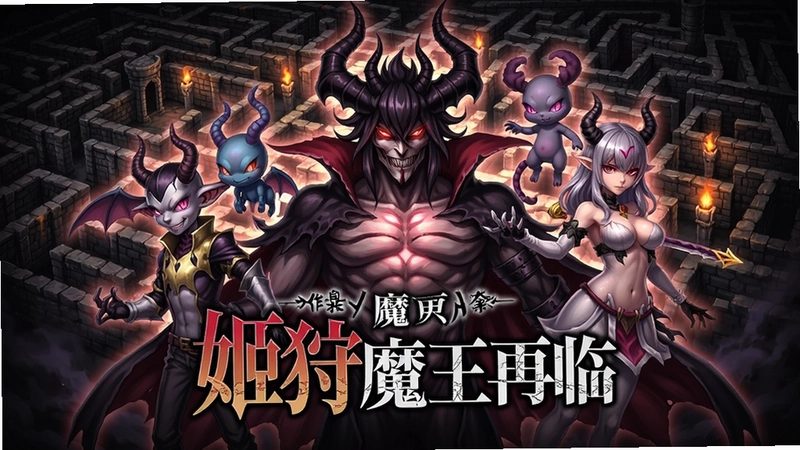 游戏“姬狩魔王再临”主视觉图,包含魔王与使魔角色立绘,迷宫地图背景,画面精美