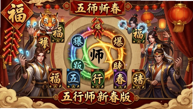 五行师新春版电脑版游戏主视觉,融合国风卡牌对战与虎年新春元素,包含“福”“爆竹”等节庆装饰,五行师角色齐聚