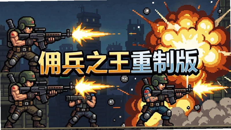 佣兵之王重制版高清横版射击战斗场景,四位佣兵角色合作开火,像素风格与华丽爆炸效果,画面中央突出“佣兵之王重制版”标题