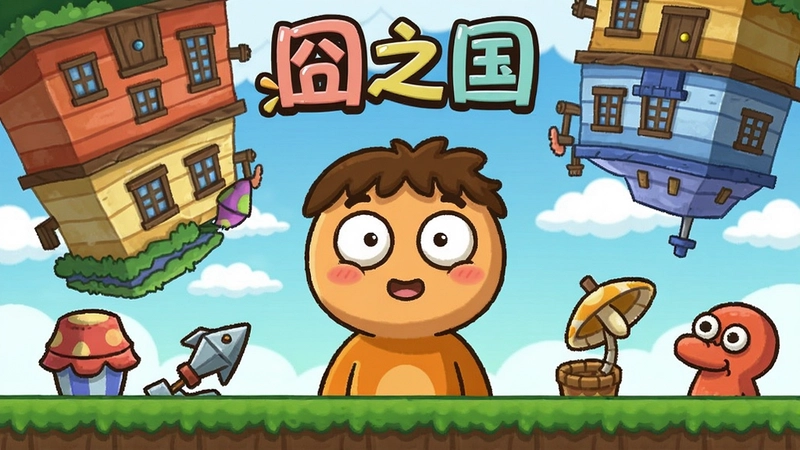 生成囧之国游戏场景图,包含主角呆萌“囧”脸、颠倒房屋、幽默道具,文字标注“囧之国”