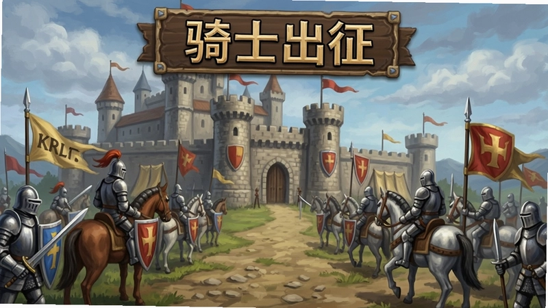 骑士出征(Knight Out)游戏主界面,中世纪城堡与骑士军队,显示出征准备场景,文字“骑士出征”