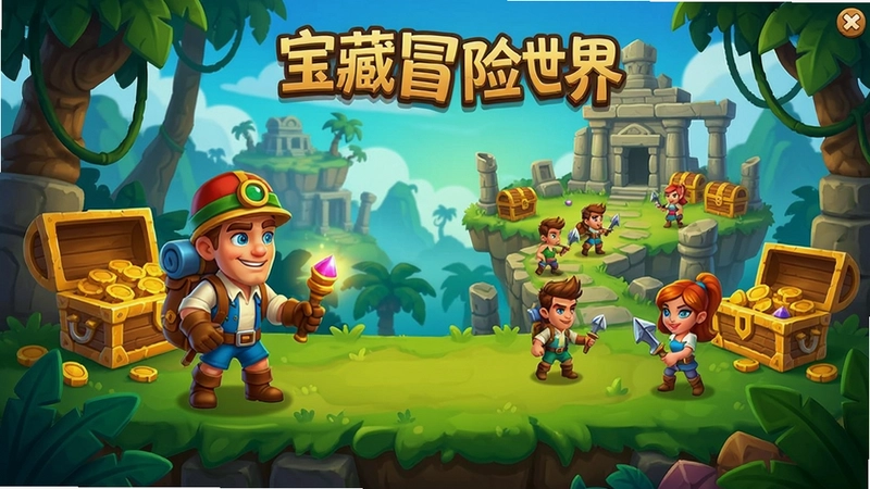 宝藏冒险世界电脑版游戏主界面与角色冒险场景,卡通渲染风格,多人组队探索宝藏世界,画面色彩鲜艳