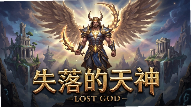失落的天神(Lost God)游戏主视觉海报,展现天神主角与神秘世界,“失落的天神”标题醒目