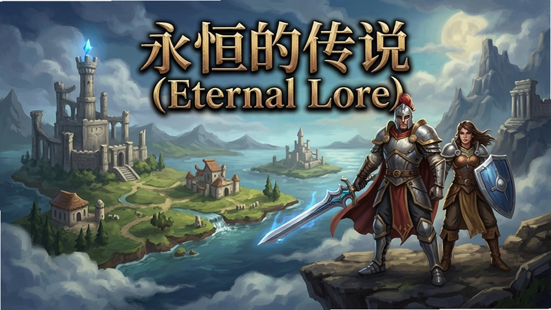 永恒的传说(Eternal Lore)游戏主视觉,奇幻大陆与英雄角色,文字“永恒的传说(Eternal Lore)”